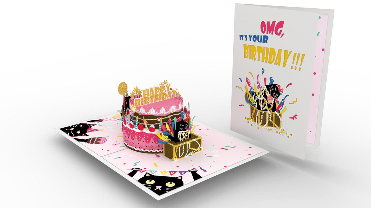 Thiệp 3D Popup - Sinh Nhật Hình Bánh Kem & Mèo Đen - HAPPY BIRTHDAY - Kích thước gập lại 102x152mm