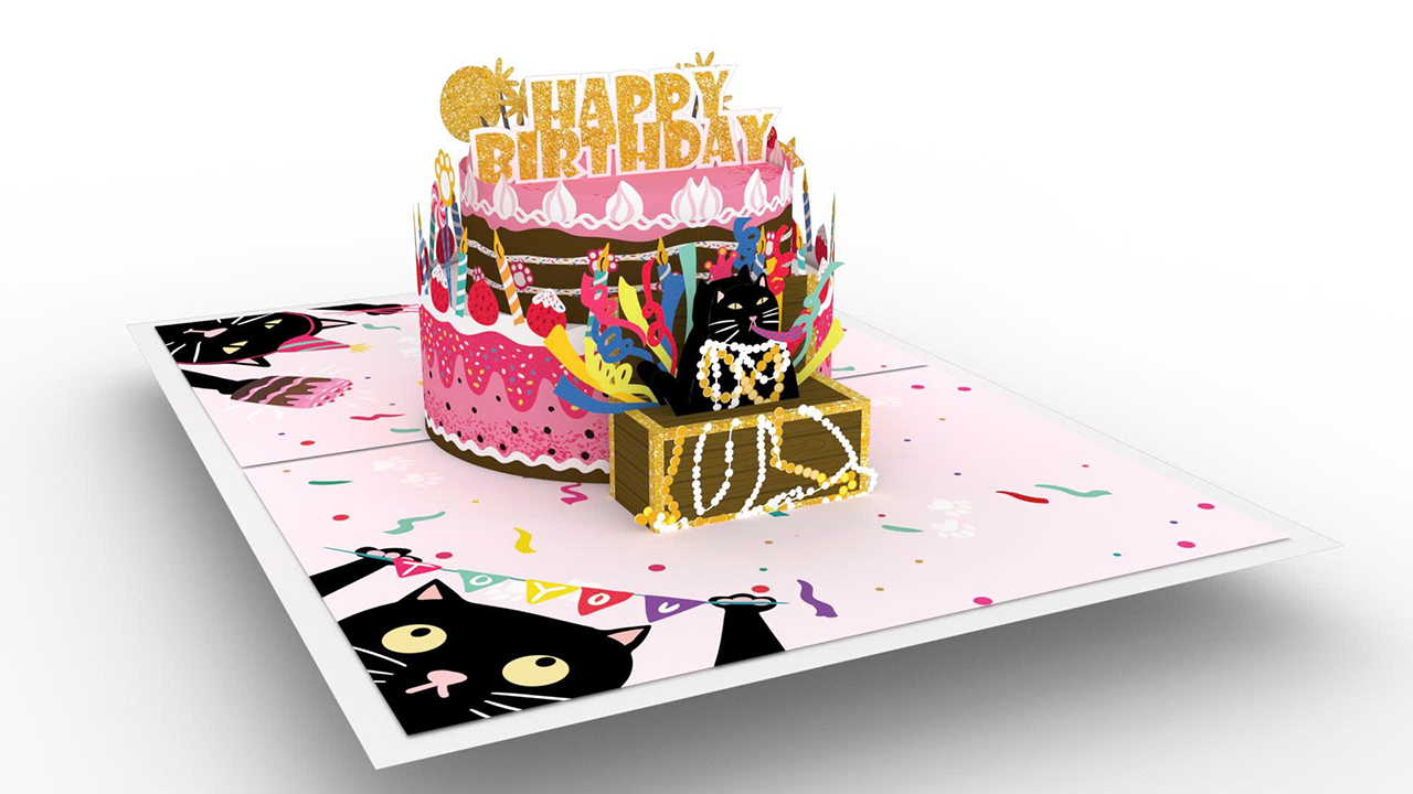 Thiệp 3D Popup - Sinh Nhật Hình Bánh Kem & Mèo Đen - HAPPY BIRTHDAY - Kích thước gập lại 102x152mm-1