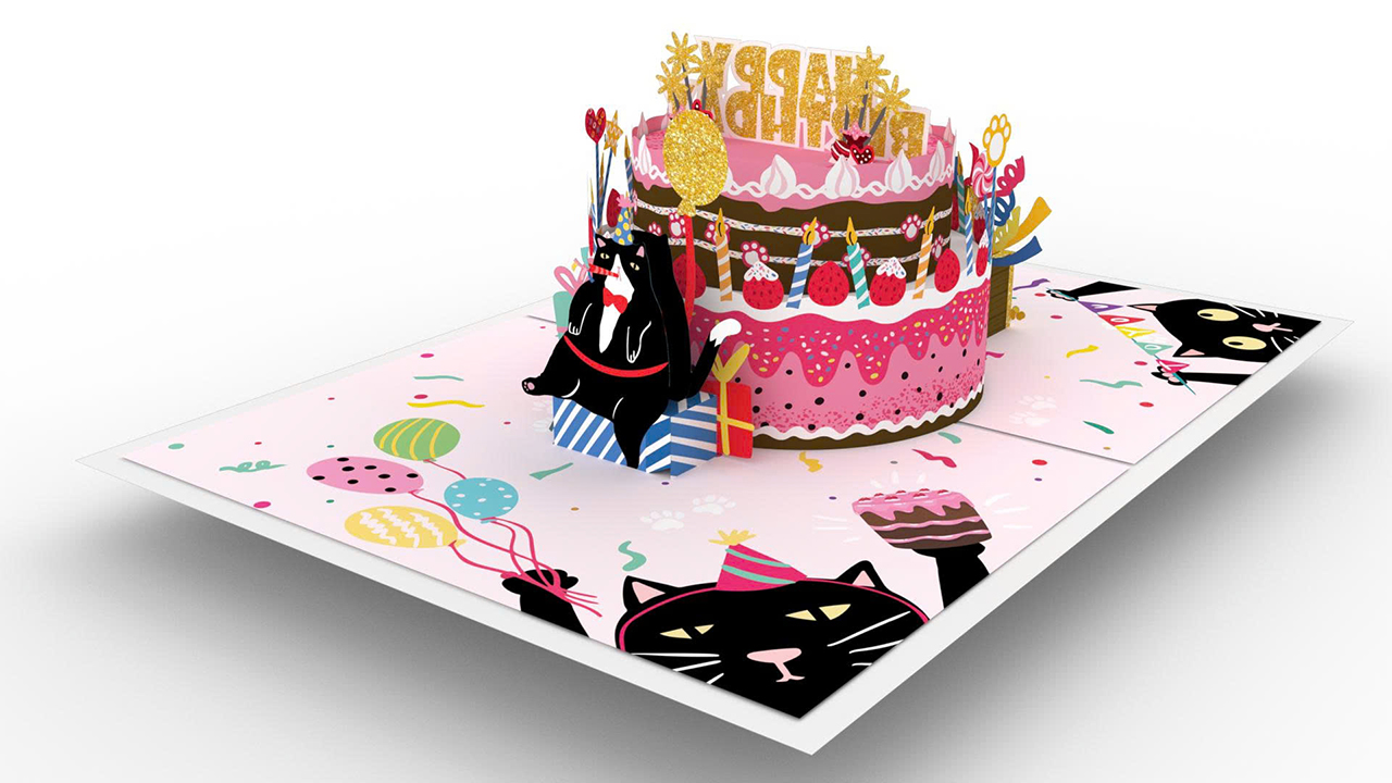 Thiệp 3D Popup - Sinh Nhật Hình Bánh Kem & Mèo Đen - HAPPY BIRTHDAY - Kích thước gập lại 102x152mm-2