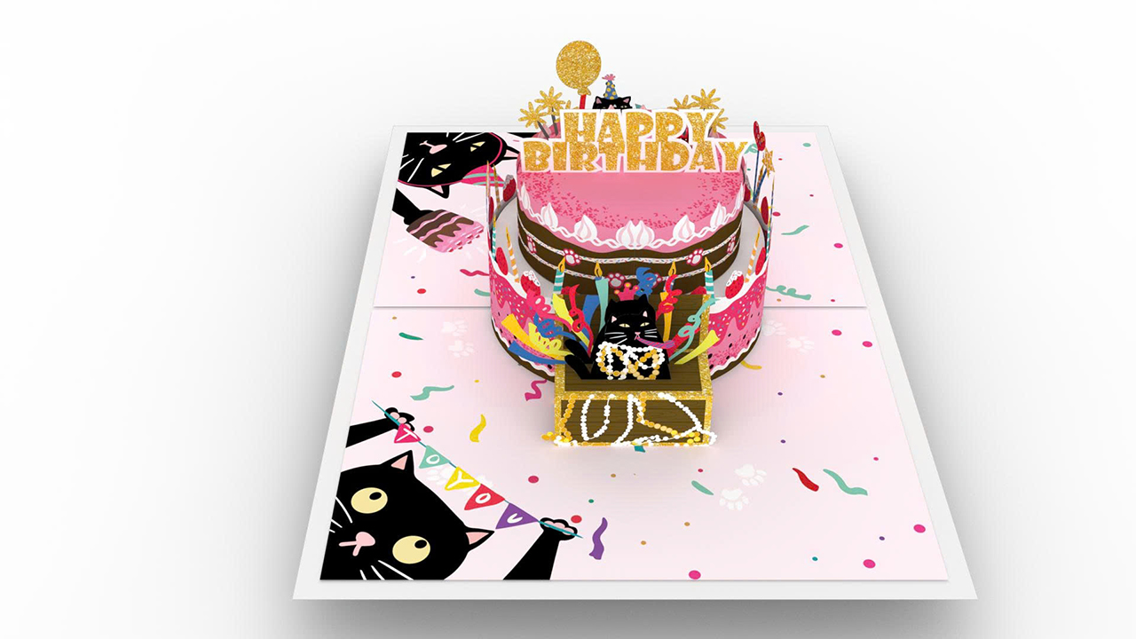 Thiệp 3D Popup - Sinh Nhật Hình Bánh Kem & Mèo Đen - HAPPY BIRTHDAY - Kích thước gập lại 102x152mm-3