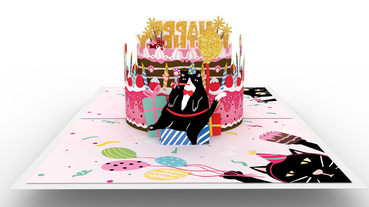 Thiệp 3D Popup - Sinh Nhật Hình Bánh Kem & Mèo Đen - HAPPY BIRTHDAY - Kích thước gập lại 102x152mm-4