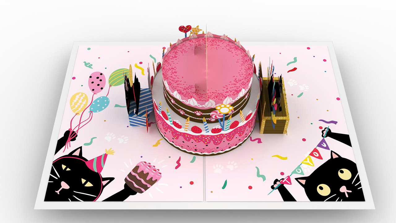 Thiệp 3D Popup - Sinh Nhật Hình Bánh Kem & Mèo Đen - HAPPY BIRTHDAY - Kích thước gập lại 102x152mm-5